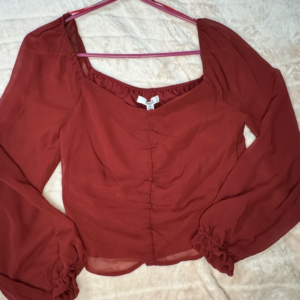 Women's Steve Madden Dark Red Blouse with Sheer Sleeves Size M